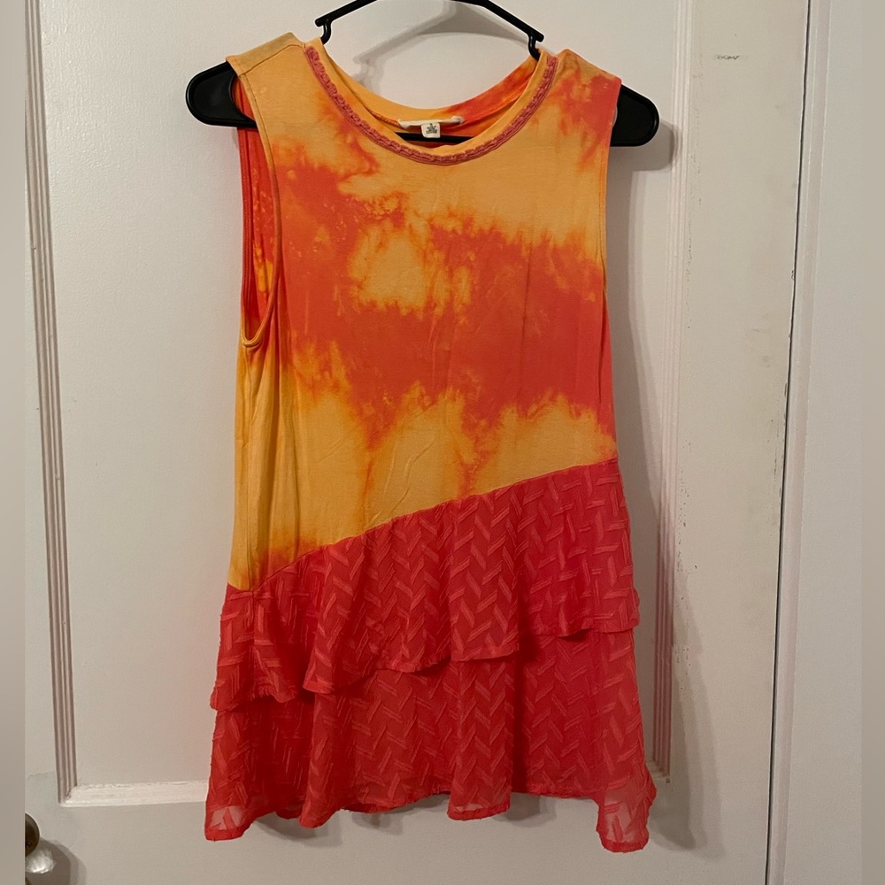 Moon and Sky Phia Tie Dye Fire Peplum Top, Coral Orange and Yellow, Size S